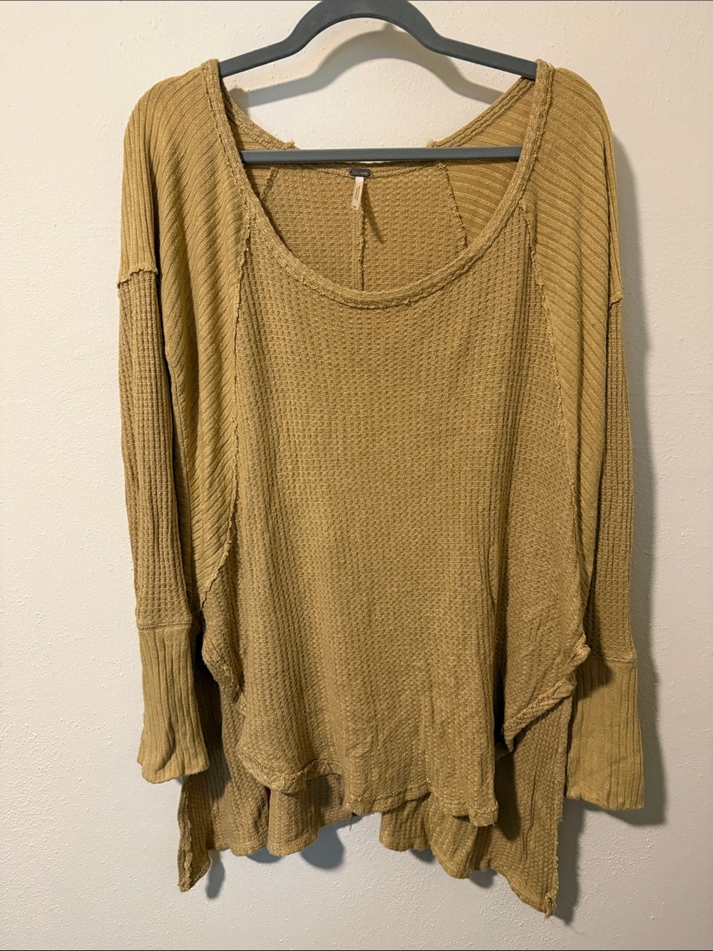 Free People Size M Waffle-Knit Scoop Neck Sweater — Mustard
